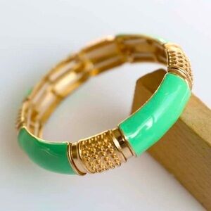 Vintage Style Bohemian Sea Green Enamel Gold Tone Bangle Cuff Bracelet